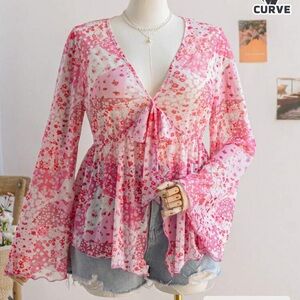 SHEIN Pink Sheer Mesh Top patchwork floral design